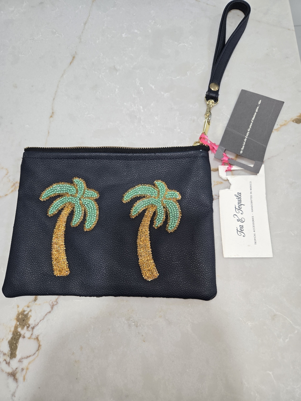 Black Wristlet Clutch with Beaded Palm Tree Accents
